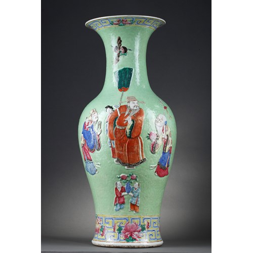 Large vase porcelain decorated in low relief on graviata ground  with three gods star